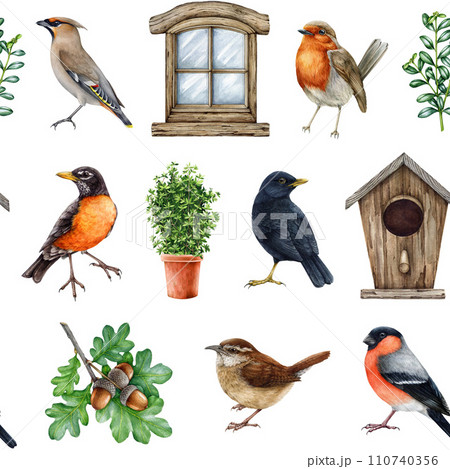 Garden birds with countryside natural elements seamless pattern. Watercolor illustration. Hand drawn backyard bird collection, birdhouse, tree branch, wren, robin, window element seamless pattern 110740356