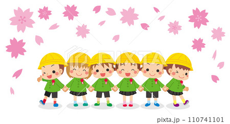 手を繋ぐ可愛い卒園生のイラスト　白背景　ベクター　人物　桜　子ども　園児　全身 110741101