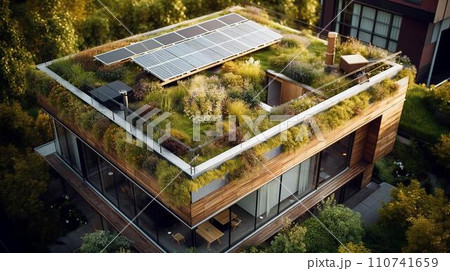 屋上緑化とソーラーパネル・太陽光発電・太陽光エネルギー・再生可能エネルギーのイラスト素材 [110741659] - PIXTA