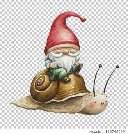 Cute Gnome sitting on the back of a snail 110742939