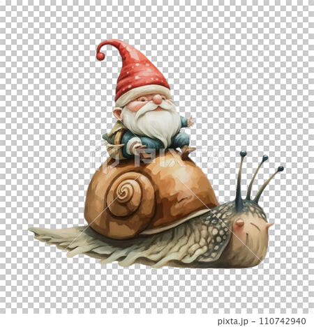 Cute Gnome sitting on the back of a snail 110742940