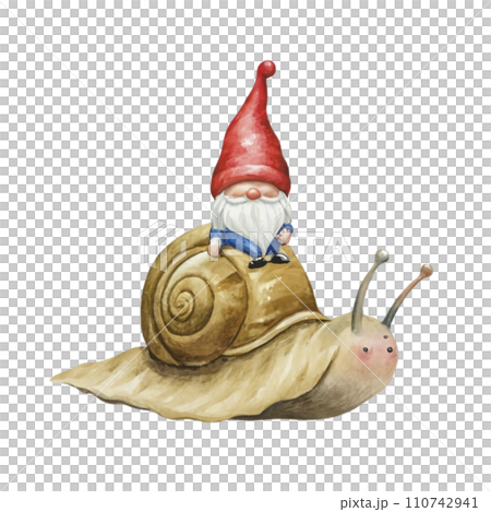 Cute Gnome sitting on the back of a snail 110742941