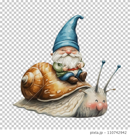 Cute Gnome sitting on the back of a snail Cute Gnome sitting on the back of a snail 110742942