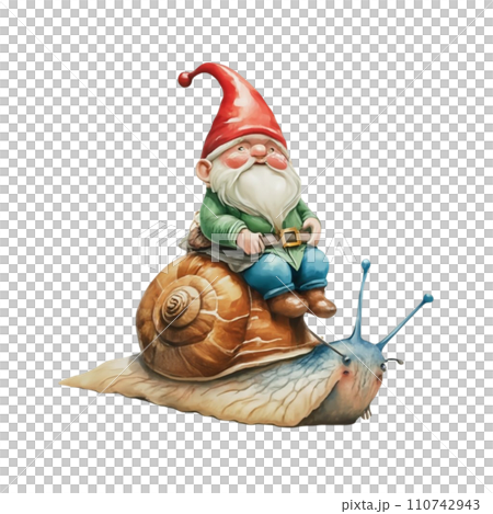 Cute Gnome sitting on the back of a snail Cute Gnome sitting on the back of a snail 110742943