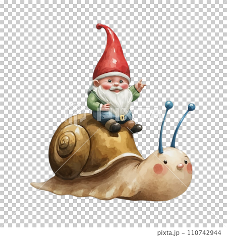 Cute Gnome sitting on the back of a snail Cute Gnome sitting on the back of a snail 110742944