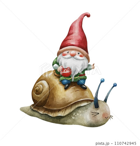 Cute Gnome sitting on the back of a snail Cute Gnome sitting on the back of a snail 110742945