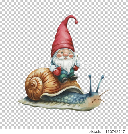 Cute Gnome sitting on the back of a snail Cute Gnome sitting on the back of a snail 110742947