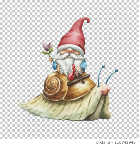 Cute Gnome sitting on the back of a snail Cute Gnome sitting on the back of a snail 110742948