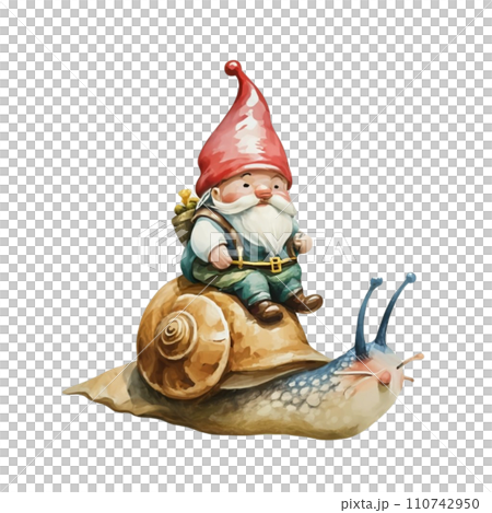 Cute Gnome sitting on the back of a snail 110742950