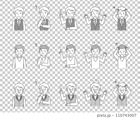 シニア男性の線画風上半身ポーズセット シニア男性の線画風上半身ポーズセット 110743007