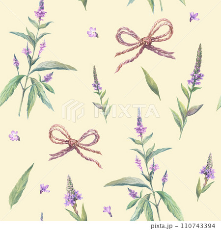 Seamless pattern of medicinal verbena and rope bows on a beige background. Watercolor illustration of lilac flower twigs and verbena leaves. For printing on labels and packaging, textiles. 110743394