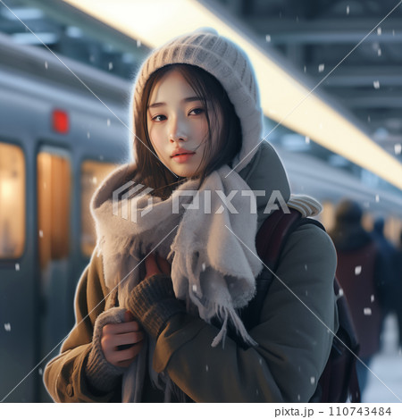 AI画像生成　電車を待つ女性 110743484
