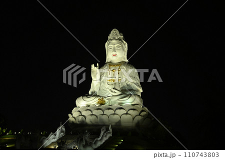 Night time of Guan Yin Bodhisattva Statue The largest Kuan Yin statueAT Wat Huay Pla Kang temple in Chiang Rai Province in Thailand. Night time of Guan Yin Bodhisattva Statue The largest Kuan Yin statueAT Wat Huay Pla Kang temple in Chiang Rai Province in Thailand. 110743803
