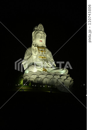 Night time of Guan Yin Bodhisattva Statue The largest Kuan Yin statueAT Wat Huay Pla Kang temple in Chiang Rai Province in Thailand. Night time of Guan Yin Bodhisattva Statue The largest Kuan Yin statueAT Wat Huay Pla Kang temple in Chiang Rai Province in Thailand. 110743806