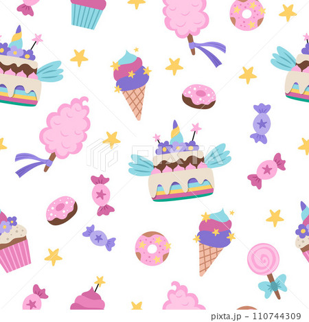 Vector seamless pattern with sweets. Cute rainbow, unicorn themed repeat background with cake, ice cream, lollypop, cotton candy, donuts, cupcakes. Magic fairytale desserts digital paper Vector seamless pattern with sweets. Cute rainbow, unicorn themed repeat background with cake, ice cream, lollypop, cotton candy, donuts, cupcakes. Magic fairytale desserts digital paper 110744309