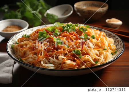 Spicy asian noodles with vegetables 110744311