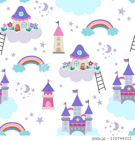Vector seamless pattern with unicorn castle, fairy house on cloud, towers. Repeat background with fairytale homes, rainbow, stars, moon. Fantasy world digital paper 110744312