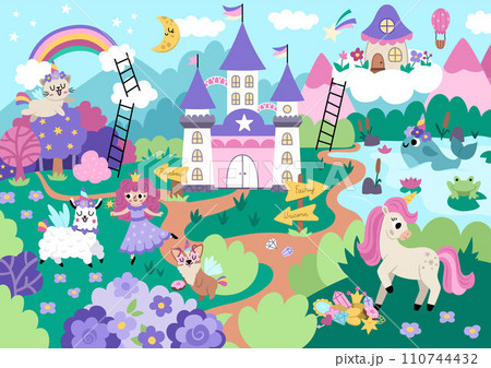 Vector unicorn themed landscape illustration. Fairytale scene with characters, castle, rainbow, forest. Magic nature background with fairy, animals with horns. Fantasy world picture for kids 110744432