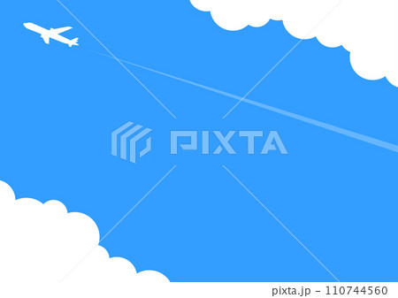 青空に飛行機がとんでいる背景素材　上下に雲　A判横 110744560