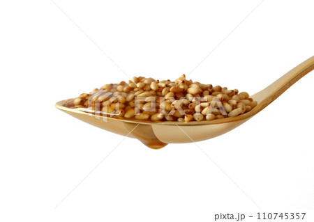 金のスプーンに盛ったごま油と白ゴマ 110745357