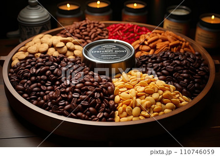 Photo of various roasted coffee beans of various degrees of roasting on a wooden surface, choose the perfect roasting of coffee beans, generative AI 110746059