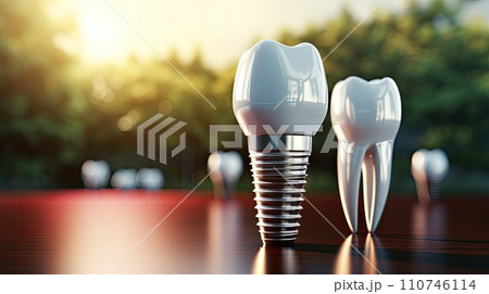 Dentistry, dental implants in 3D. Healthy medicine, molar root restoration, design concept, world oral health day. created by AI Dentistry, dental implants in 3D. Healthy medicine, molar root restoration, design concept, world oral health day. created by AI 110746114