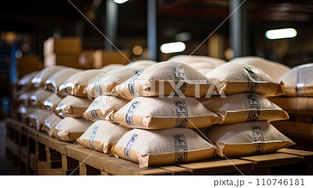White bag rice or grits storage barn, Close-up of a warehouse with bulk rice or sugar bags in a distribution center, bulk rice procurement, production and transportation of rice, AI 110746181