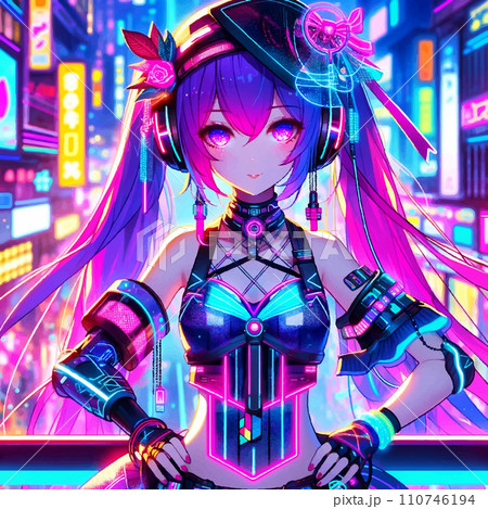 サイバーパンク ネオンカラーの少女のイラスト素材 [110746194] - PIXTA