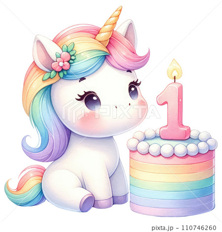 Rainbow unicorn cake with numbered candle for birthday party 110746260