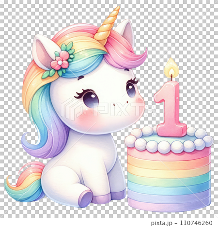 Rainbow unicorn cake with numbered candle for birthday party 110746260