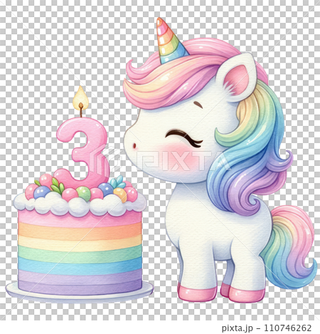 Rainbow unicorn cake with numbered candle for birthday party Rainbow unicorn cake with numbered candle for birthday party 110746262