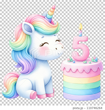 Rainbow unicorn cake with numbered candle for birthday party Rainbow unicorn cake with numbered candle for birthday party 110746264