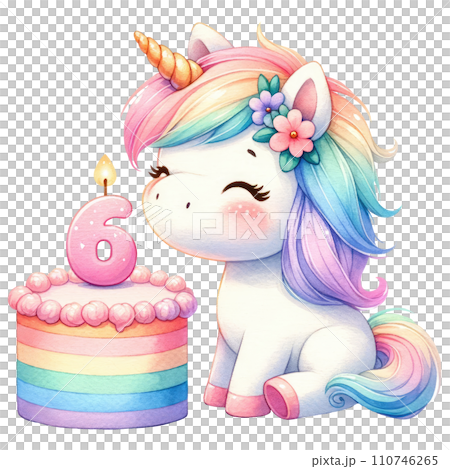 Rainbow unicorn cake with numbered candle for birthday party Rainbow unicorn cake with numbered candle for birthday party 110746265