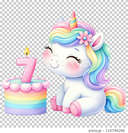 Rainbow unicorn cake with numbered candle for birthday party Rainbow unicorn cake with numbered candle for birthday party 110746266