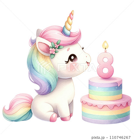 Rainbow unicorn cake with numbered candle for birthday party Rainbow unicorn cake with numbered candle for birthday party 110746267