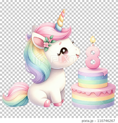 Rainbow unicorn cake with numbered candle for birthday party Rainbow unicorn cake with numbered candle for birthday party 110746267