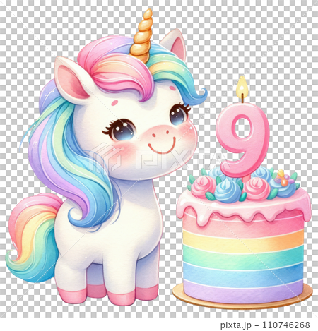 Rainbow unicorn cake with numbered candle for birthday party 110746268