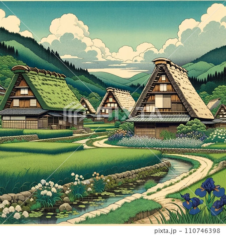 かやぶき屋根が見える風景 110746398