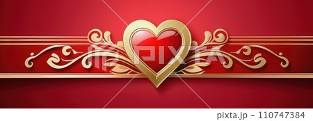 St Valentines day, wedding banner with red ornamental heart on red background. Use for love sale banner, voucher, greeting card. Copy space. Beautiful love background for valentines day greeting card. 110747384