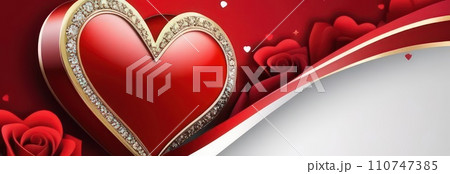 St Valentines day, wedding banner with red ornamental heart on red background. Use for love sale banner, voucher, greeting card. Copy space. Beautiful love background for valentines day greeting card. 110747385