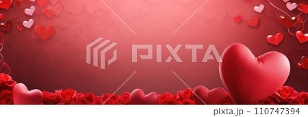 St. Valentines day, wedding banner with abstract illustrated red, pink flying hearts, roses on red background. Use for cute love sale banners, vouchers or greeting cards. Concept love, copy space. 110747394