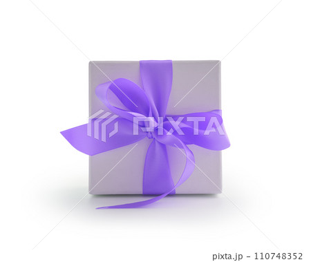 White gift box with violet ribbon bow isolated on white background 110748352