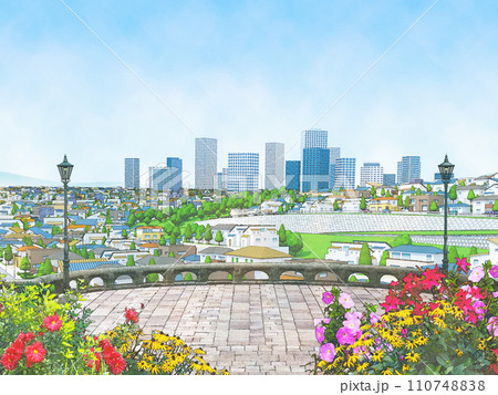 家　住宅　街　都市　水彩画風　手描き　花　イラスト 　背景　BG 110748838