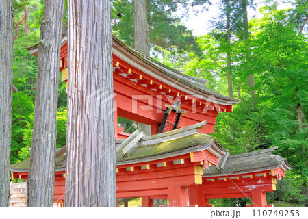 東北・平泉・世界遺産平泉の名所の達谷窟毘沙門堂、立派な鳥居の眺め・岩手県平泉町(1) 110749253