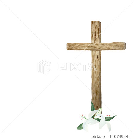Watercolor wooden cross and lilies for Easter, holy Thursday, religious illustration isolated on white Watercolor wooden cross and lilies for Easter, holy Thursday, religious illustration isolated on white 110749343