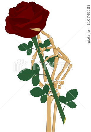 Skeleton hand holding red rose flower vector illustration 110749385