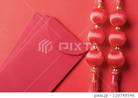 Top view of Chinese New Year red packet with customizable space for text or wishes 110749546