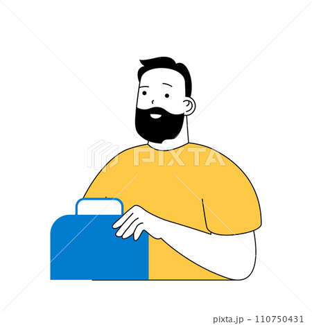 Virtual reality concept with cartoon people in flat design for web. Man using futuristic technology with augmented simulation device. Vector illustration for social media banner, marketing material. 110750431