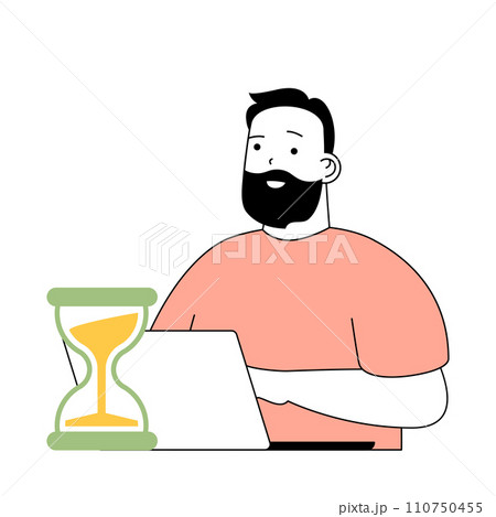 Time management concept with cartoon people in flat design for web. Man working at laptop and controlling workflow with hourglass. Vector illustration for social media banner, marketing material. Time management concept with cartoon people in flat design for web. Man working at laptop and controlling workflow with hourglass. Vector illustration for social media banner, marketing material. 110750455
