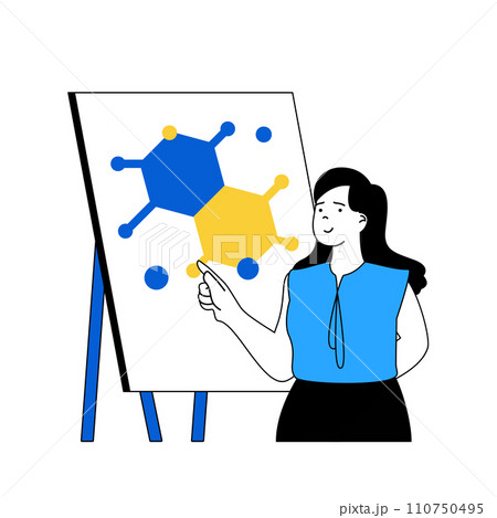 Science laboratory concept with cartoon people in flat design for web. Scientist making presentation report with molecular structure. Vector illustration for social media banner, marketing material. 110750495